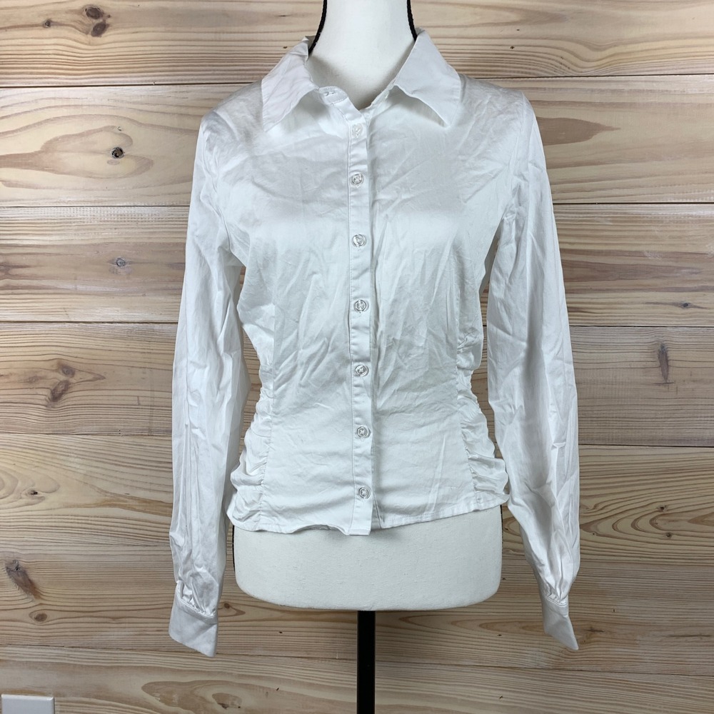 Evolutionary Button Down Women L White Ruched Long Sleeve‎ Workwear Blouse